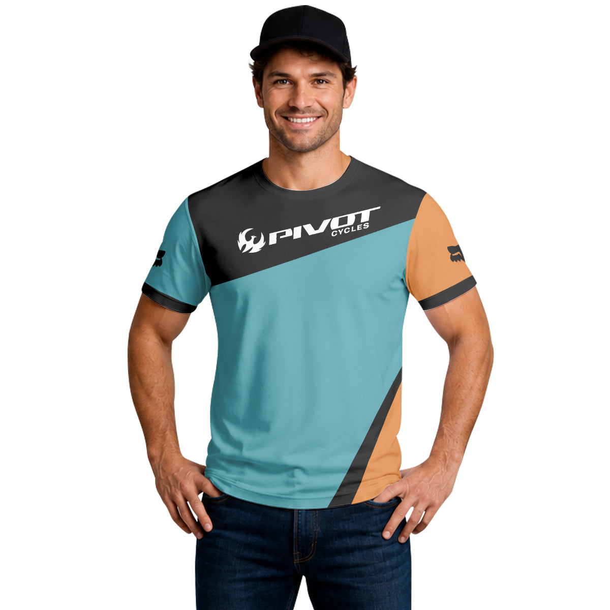 Pivot Cycles Teal Orange Factory Race Short Sleeve Mountain Bike Jersey - lifestyle view