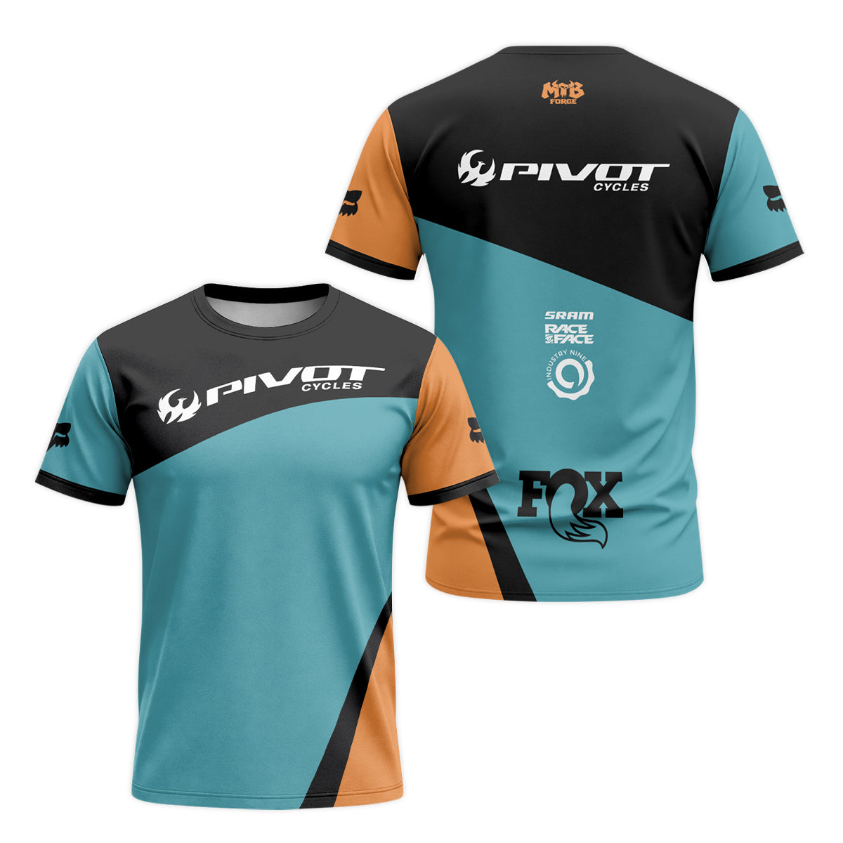 Pivot Cycles Teal Orange Factory Race Short Sleeve Mountain Bike Jersey - front and back view
