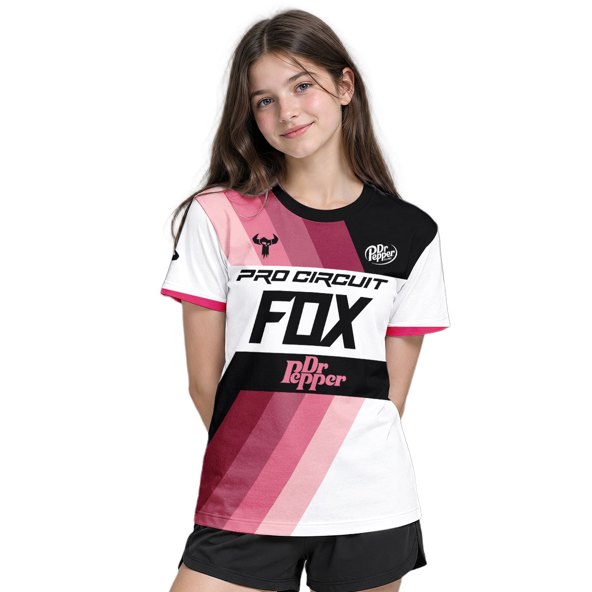 Pro Circuit Dr Pepper Retro Pink Black Youth Short Sleeve Motocross Jersey – Girl Lifestyle View