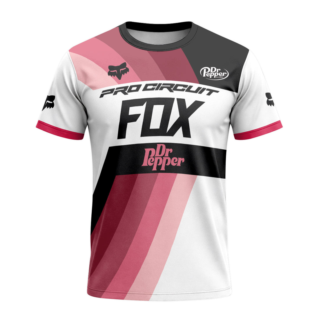 Pro Circuit Fox Dr Pepper Retro Pink Black Short Sleeve Motocross Jersey - front and back view
