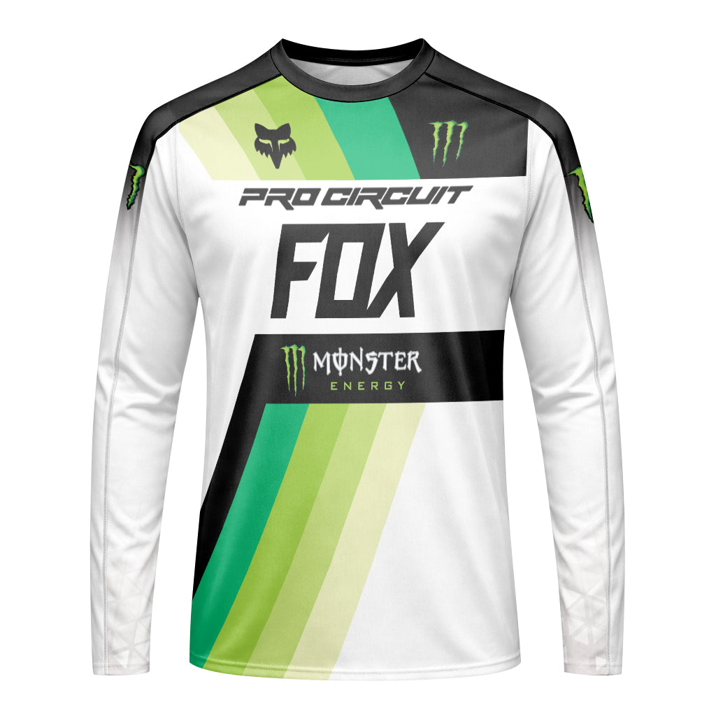 Pro Circuit Fox Monster Energy Black White Green Long Sleeve Motocross Jersey - front view mockup