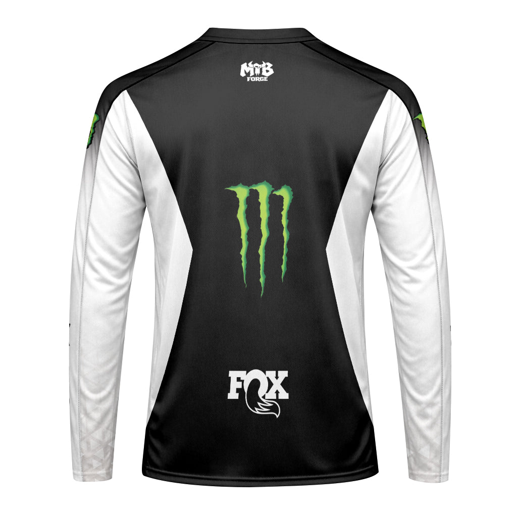 Pro Circuit Fox Monster Energy Black White Green Long Sleeve Motocross Jersey - front view mockup