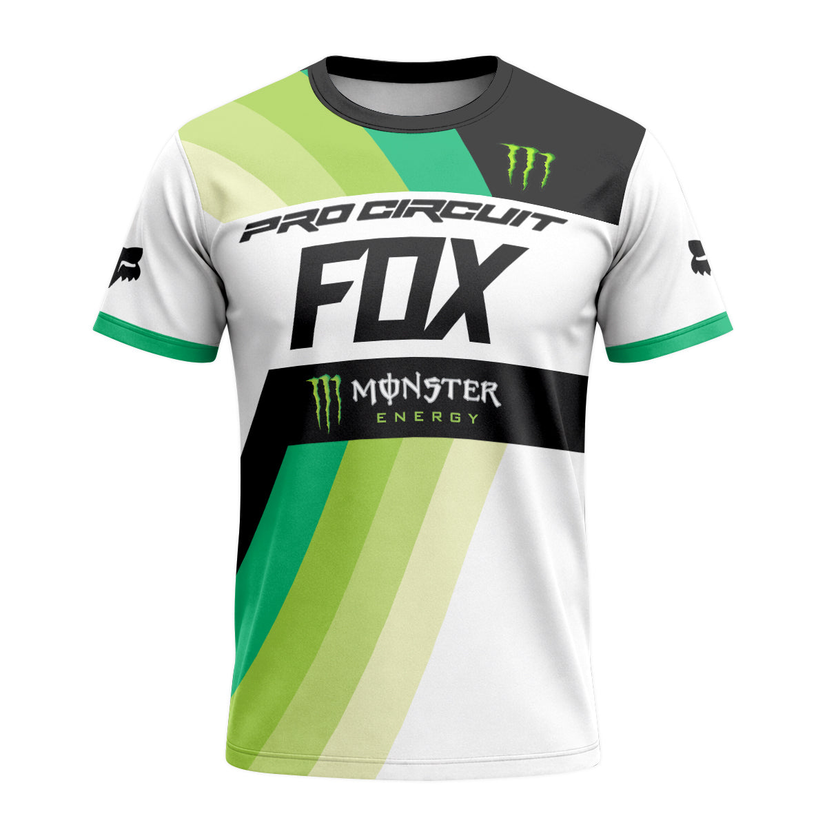 Pro Circuit Fox Monster Energy Black White Green Short Sleeve Motocross Jersey - front view mockup