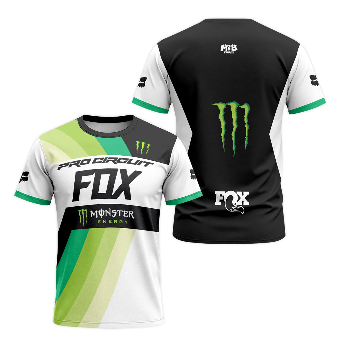 Pro Circuit Fox Monster Energy Black White Green Short Sleeve Motocross Jersey - front and back view