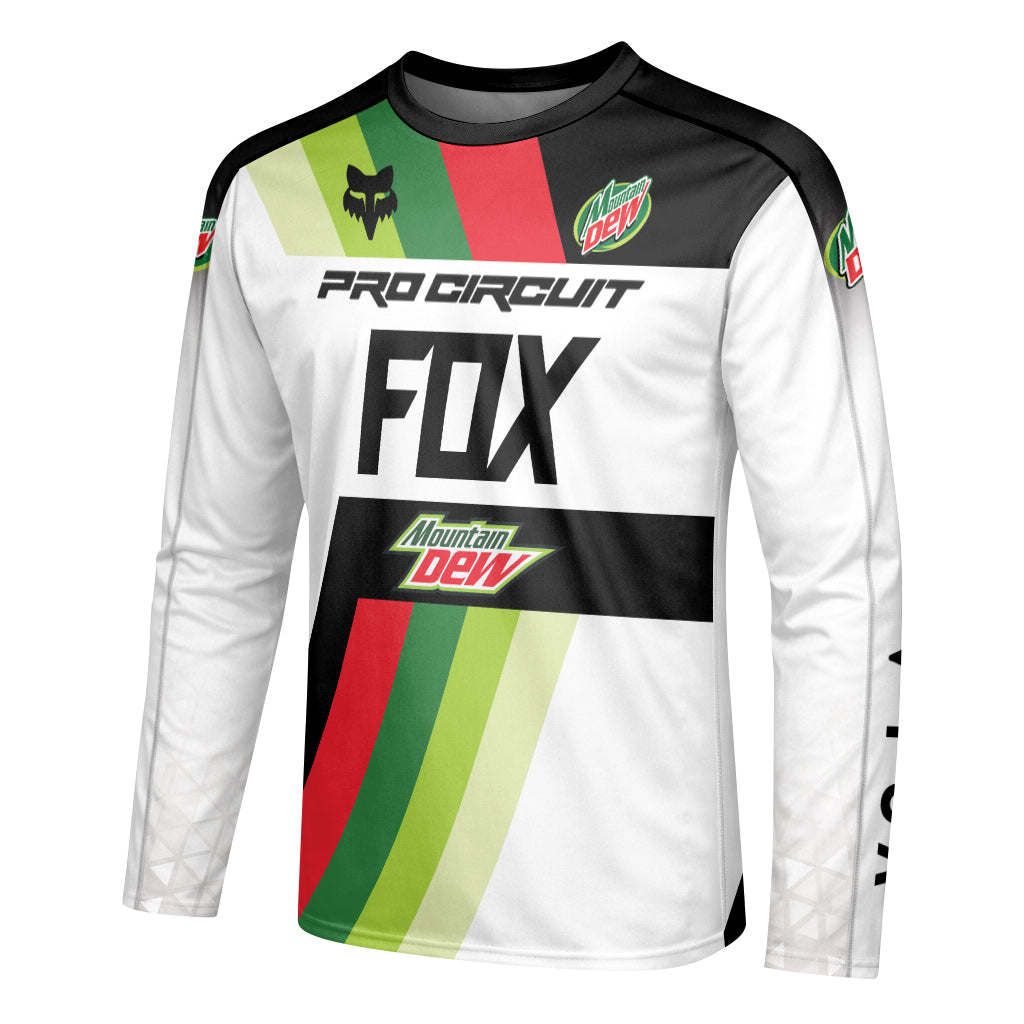 Pro Circuit Fox Mountain Dew Retro Green Red Long Sleeve Motocross Jersey - left side mockup