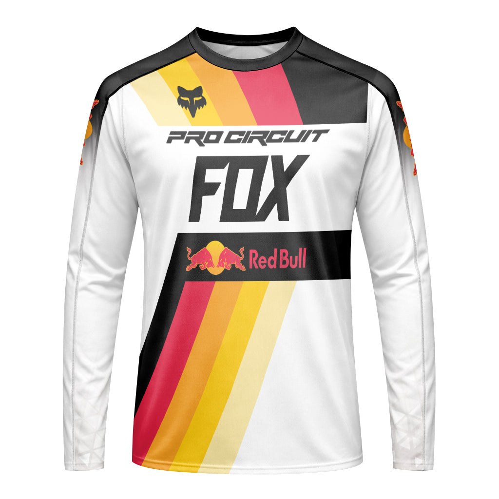 Pro Circuit Fox Red Bull Retro Racing Black White Long Sleeve Motocross Jersey - front view mockup