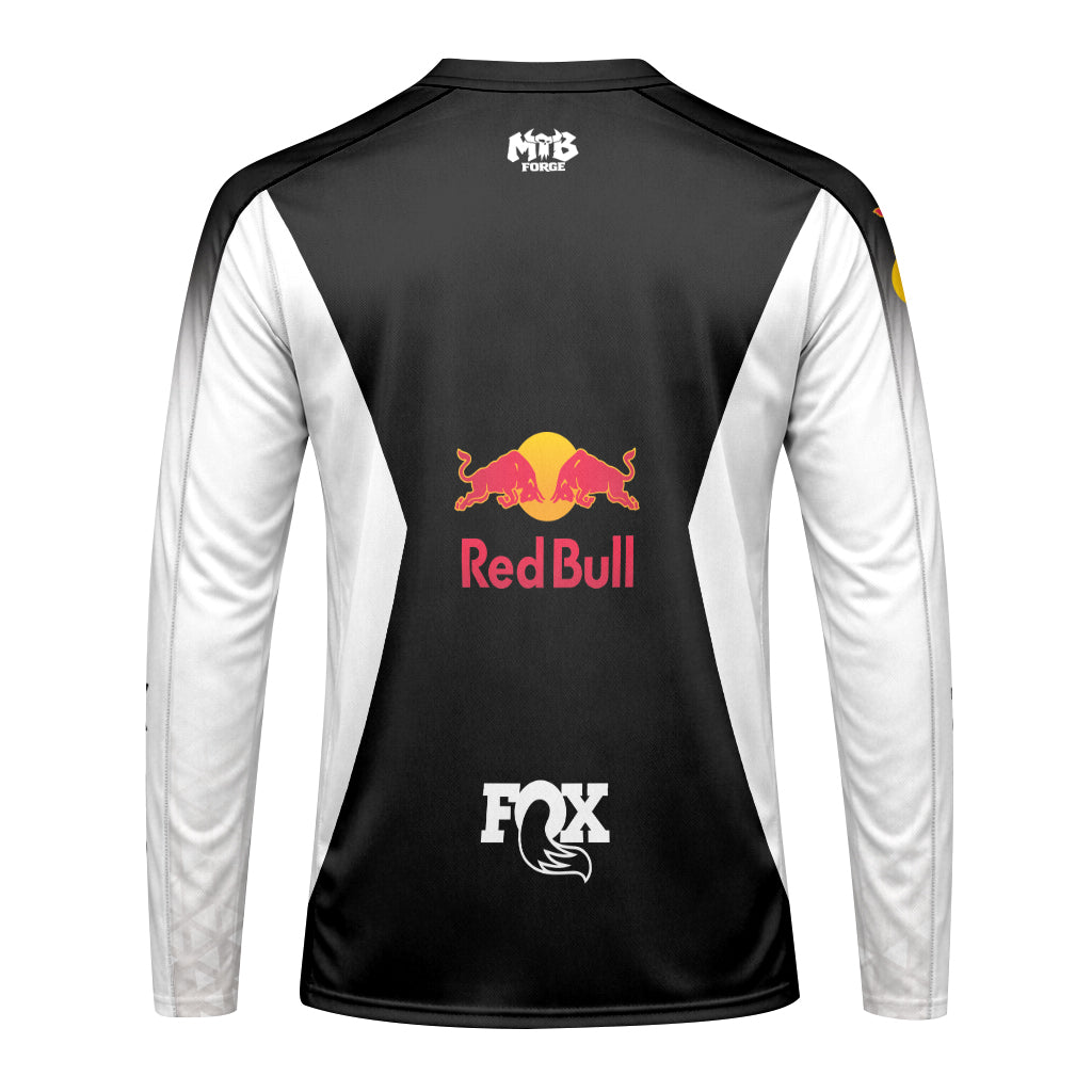 Pro Circuit Fox Red Bull Retro Racing Black White Long Sleeve Motocross Jersey - front view mockup