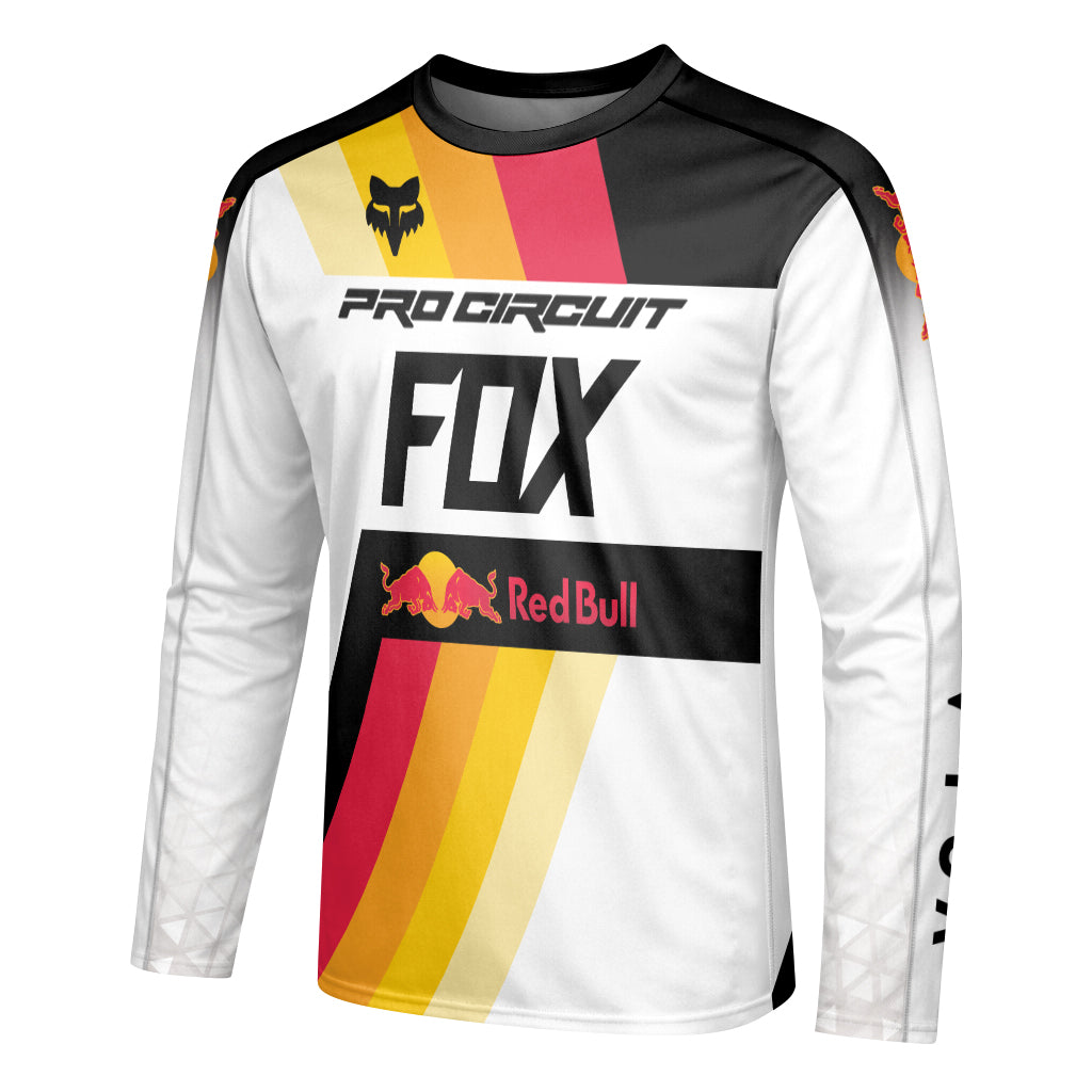 Pro Circuit Fox Red Bull Retro Racing Black White Long Sleeve Motocross Jersey - left side mockup