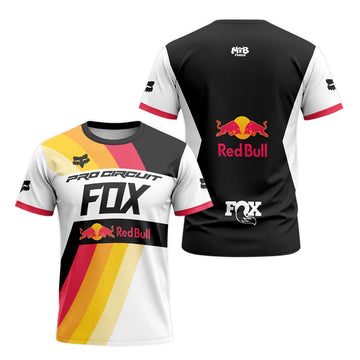 Pro Circuit Fox Red Bull Retro Racing Black White Short Sleeve Motocross Jersey - front and back view