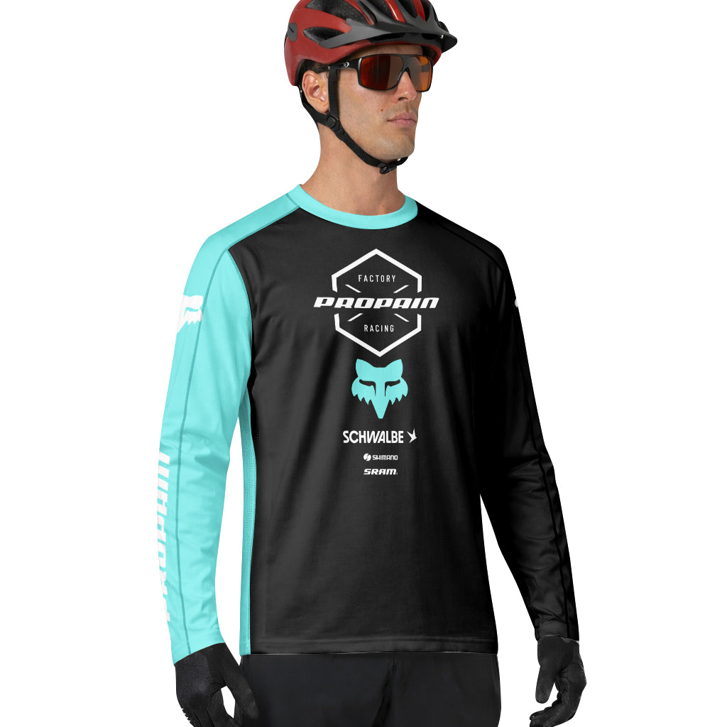 Propain Factory Racing Black Aqua Long Sleeve Mountain Bike Jersey - lifestyle view