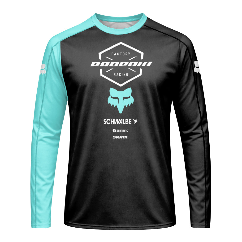 Propain Factory Racing Black Aqua Long Sleeve Mountain Bike Jersey - front view mockup
