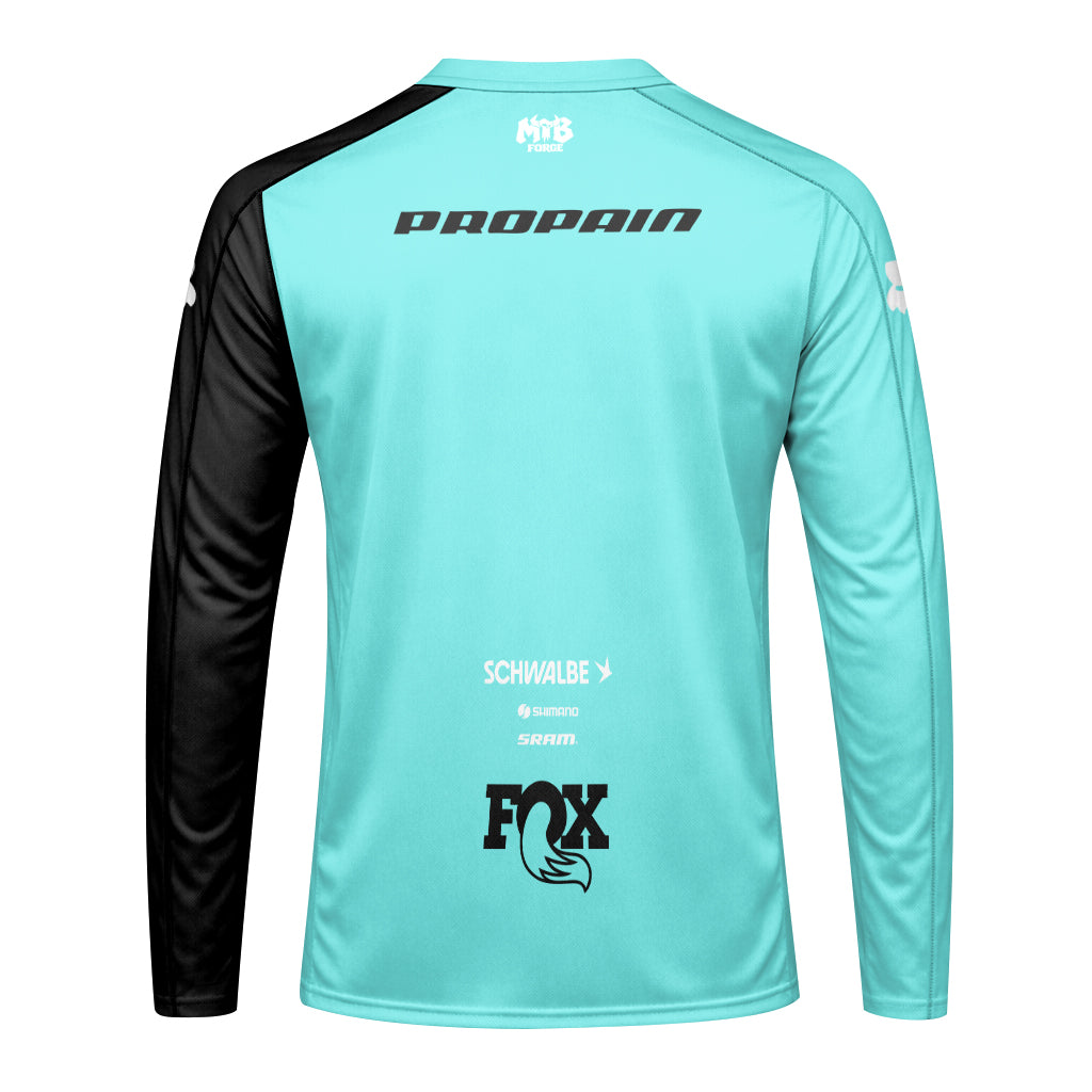 Propain Factory Racing Black Aqua Long Sleeve Mountain Bike Jersey - back view mockup