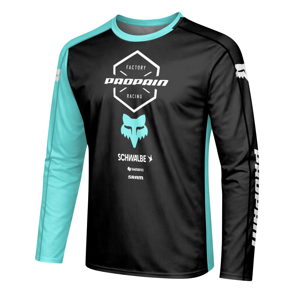 Propain Factory Racing Black Aqua Long Sleeve Mountain Bike Jersey - left side mockup