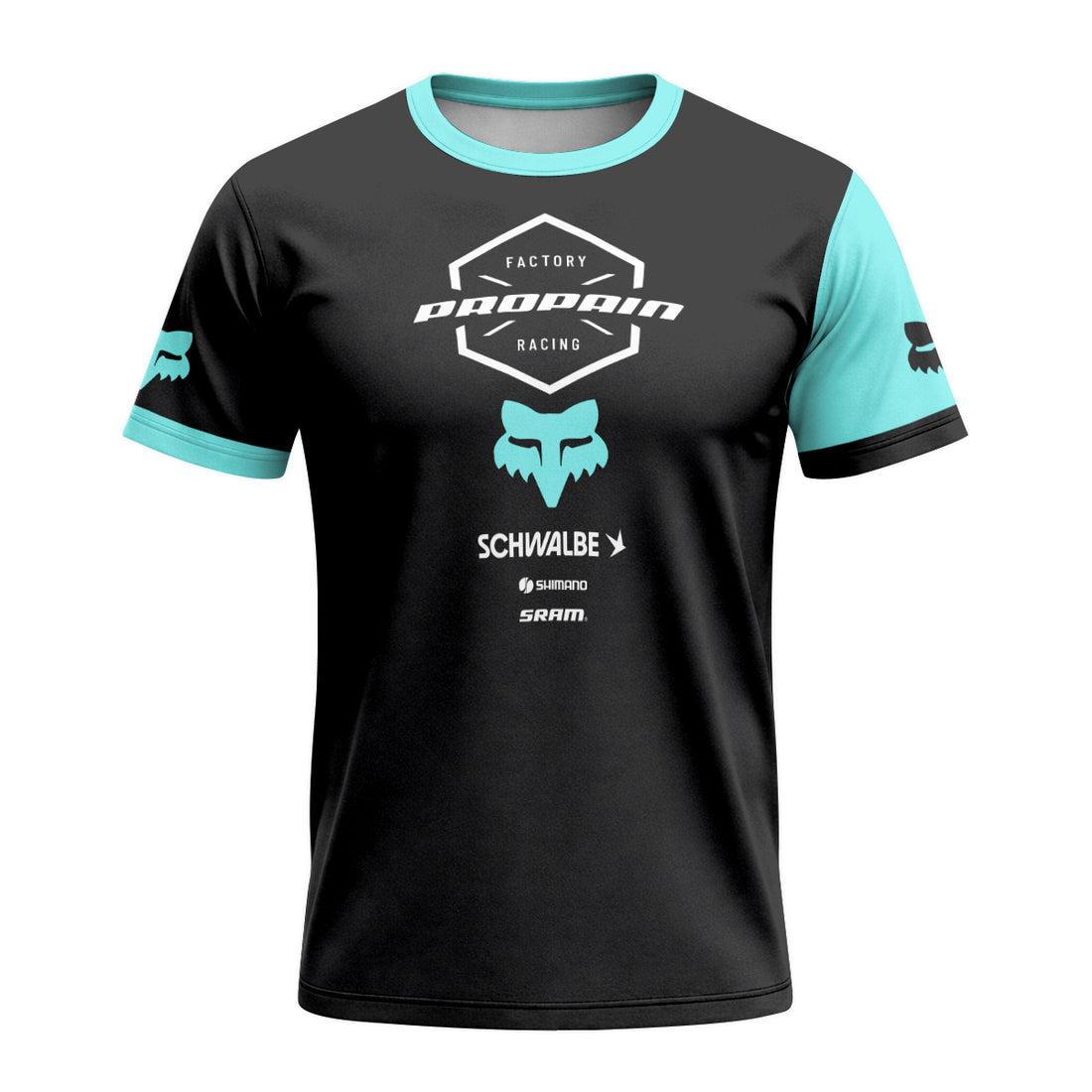 Propain Factory Racing Black Aqua Short Sleeve Mountain Bike Jersey - front and back view