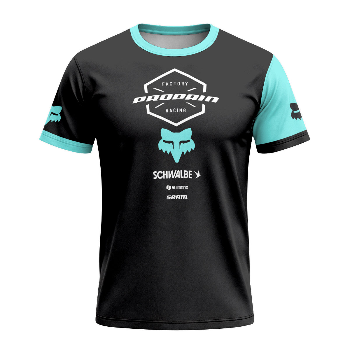 Propain Factory Racing Black Aqua Short Sleeve Mountain Bike Jersey - front view mockup