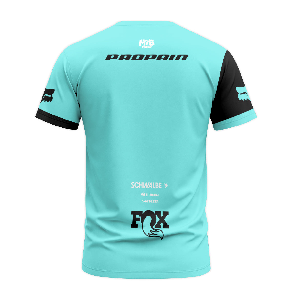 Propain Factory Racing Black Aqua Short Sleeve Mountain Bike Jersey - back view mockup