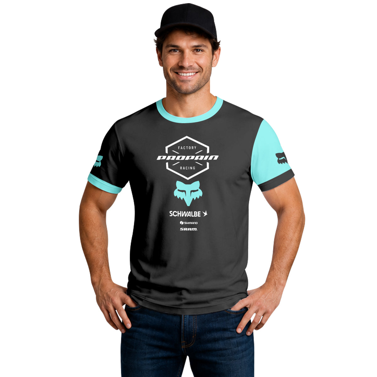 Propain Factory Racing Black Aqua Short Sleeve Mountain Bike Jersey - lifestyle view