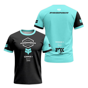 Propain Factory Racing Black Aqua Short Sleeve Mountain Bike Jersey - front and back view