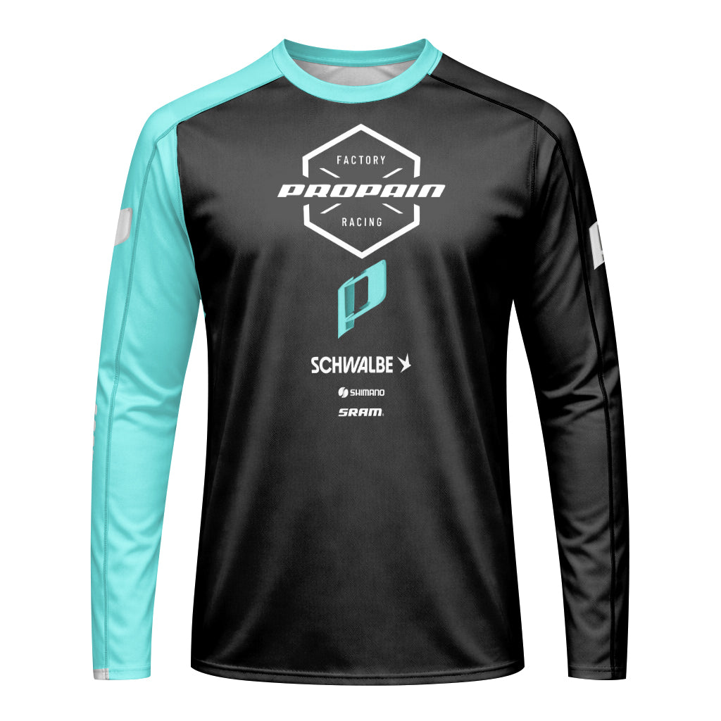Propain Factory Racing Black Aqua Youth Long Sleeve Mountain Bike Jersey – Front View Mockup