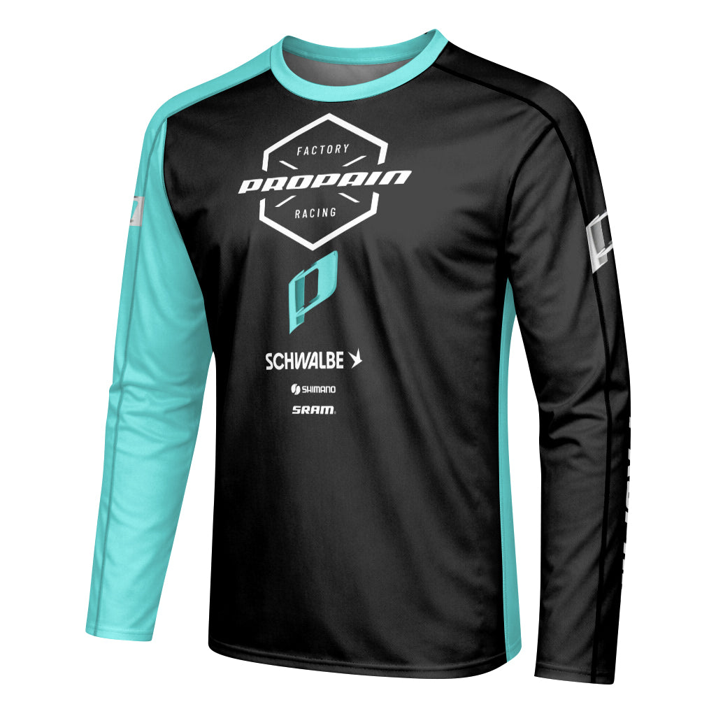 Propain Factory Racing Black Aqua Youth Long Sleeve Mountain Bike Jersey – Left Side View Mockup