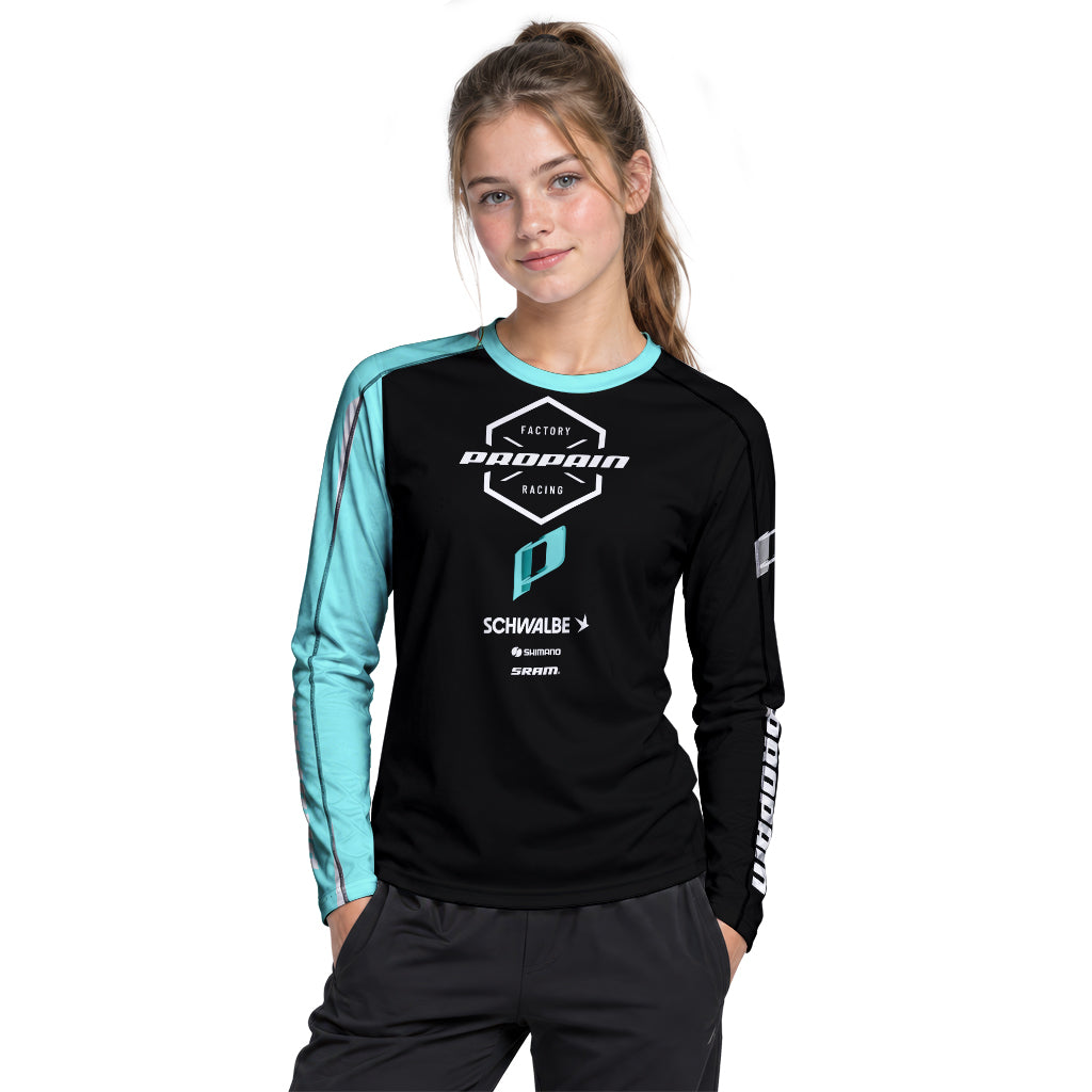 Propain Factory Racing Black Aqua Youth Long Sleeve Mountain Bike Jersey – Girl Lifestyle View
