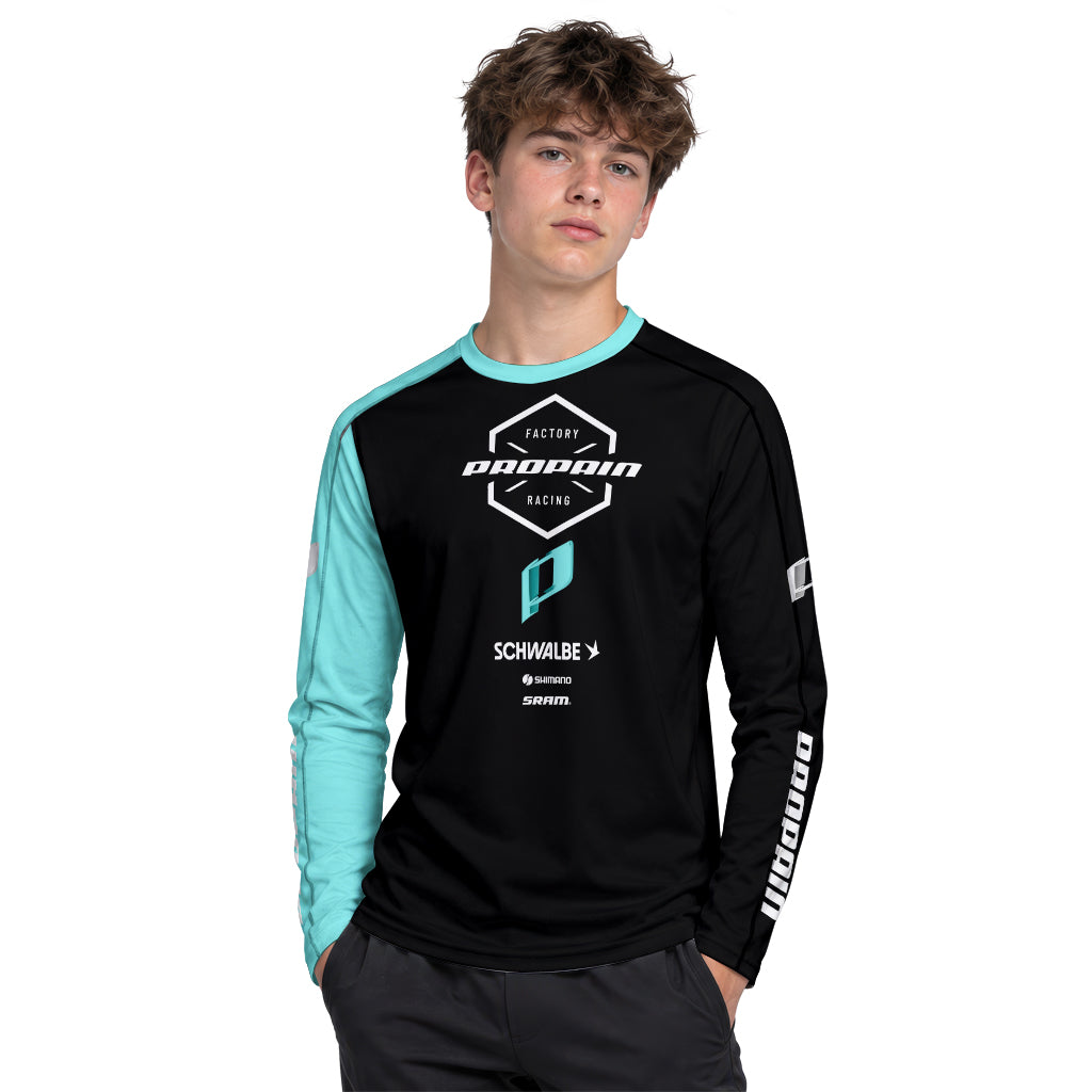 Propain Factory Racing Black Aqua Youth Long Sleeve Mountain Bike Jersey – Boy Lifestyle View