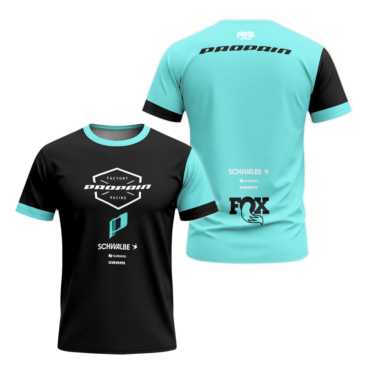 Propain Factory Racing Black Aqua Youth Short Sleeve Mountain Bike Jersey – Front and Back View