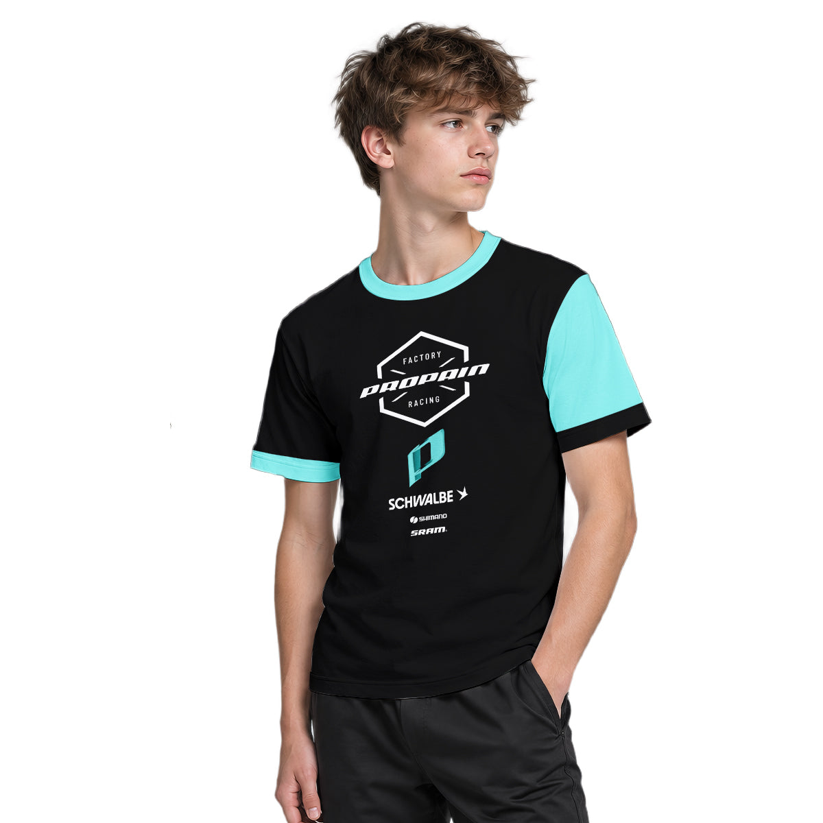 Propain Factory Racing Black Aqua Youth Short Sleeve Mountain Bike Jersey – Boy Lifestyle View