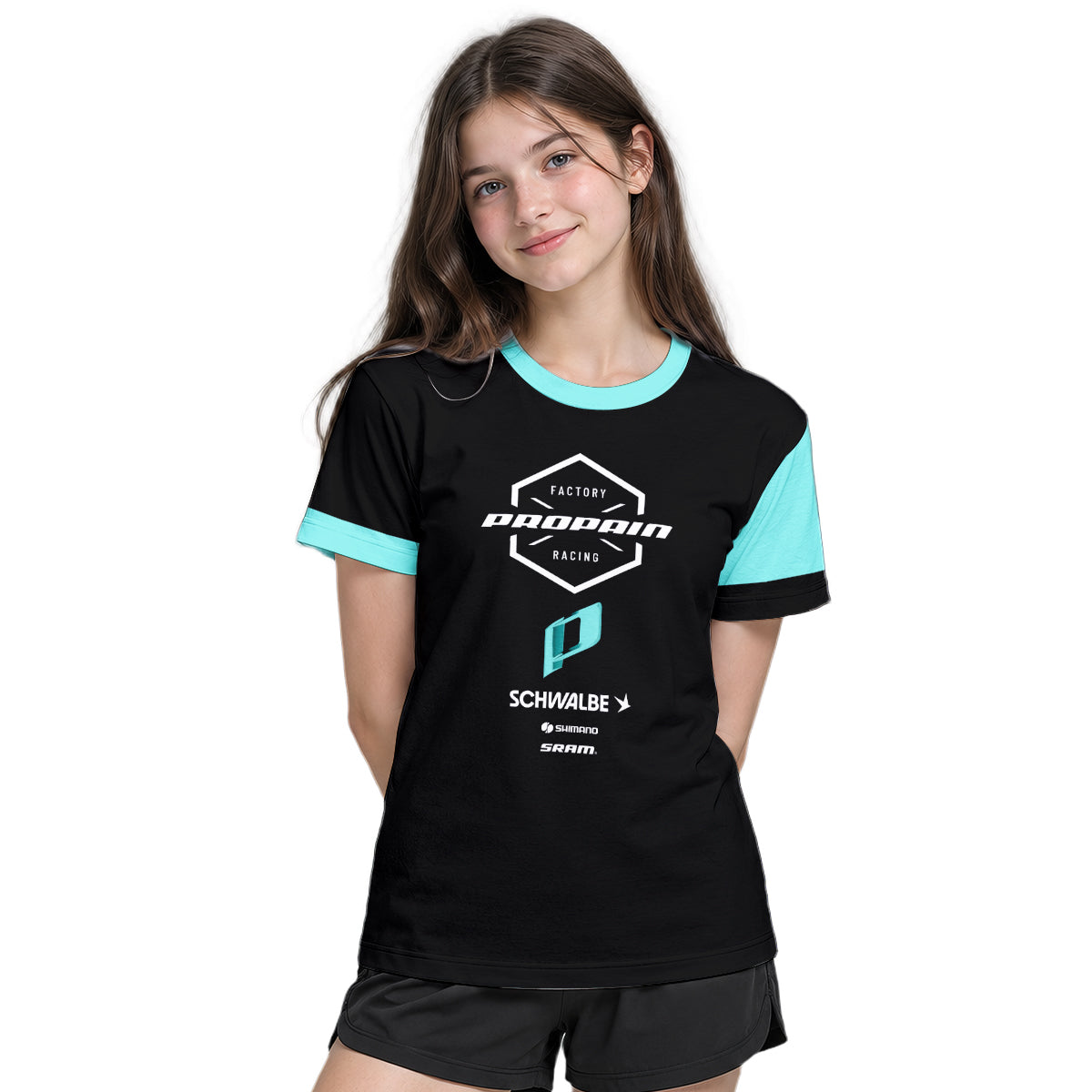Propain Factory Racing Black Aqua Youth Short Sleeve Mountain Bike Jersey – Girl Lifestyle View