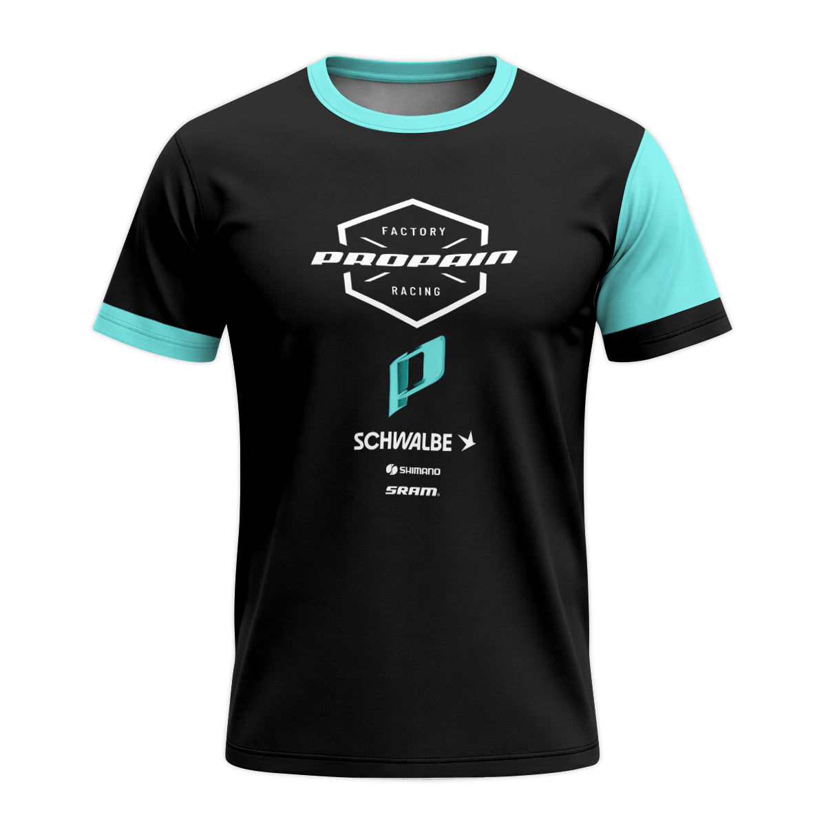 Propain Factory Racing Black Aqua Youth Short Sleeve Mountain Bike Jersey – Front View Mockup