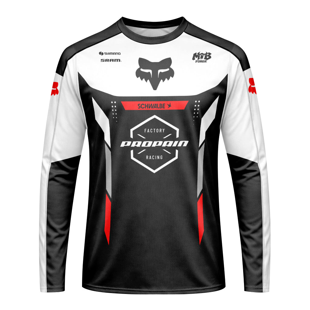 Propain Factory Racing Fox Black White Red Long Sleeve Mountain Bike Jersey - front view mockup