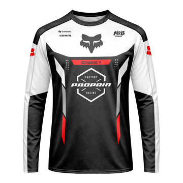 Propain Factory Racing Fox Black White Red Long Sleeve Mountain Bike Jersey - front view mockup