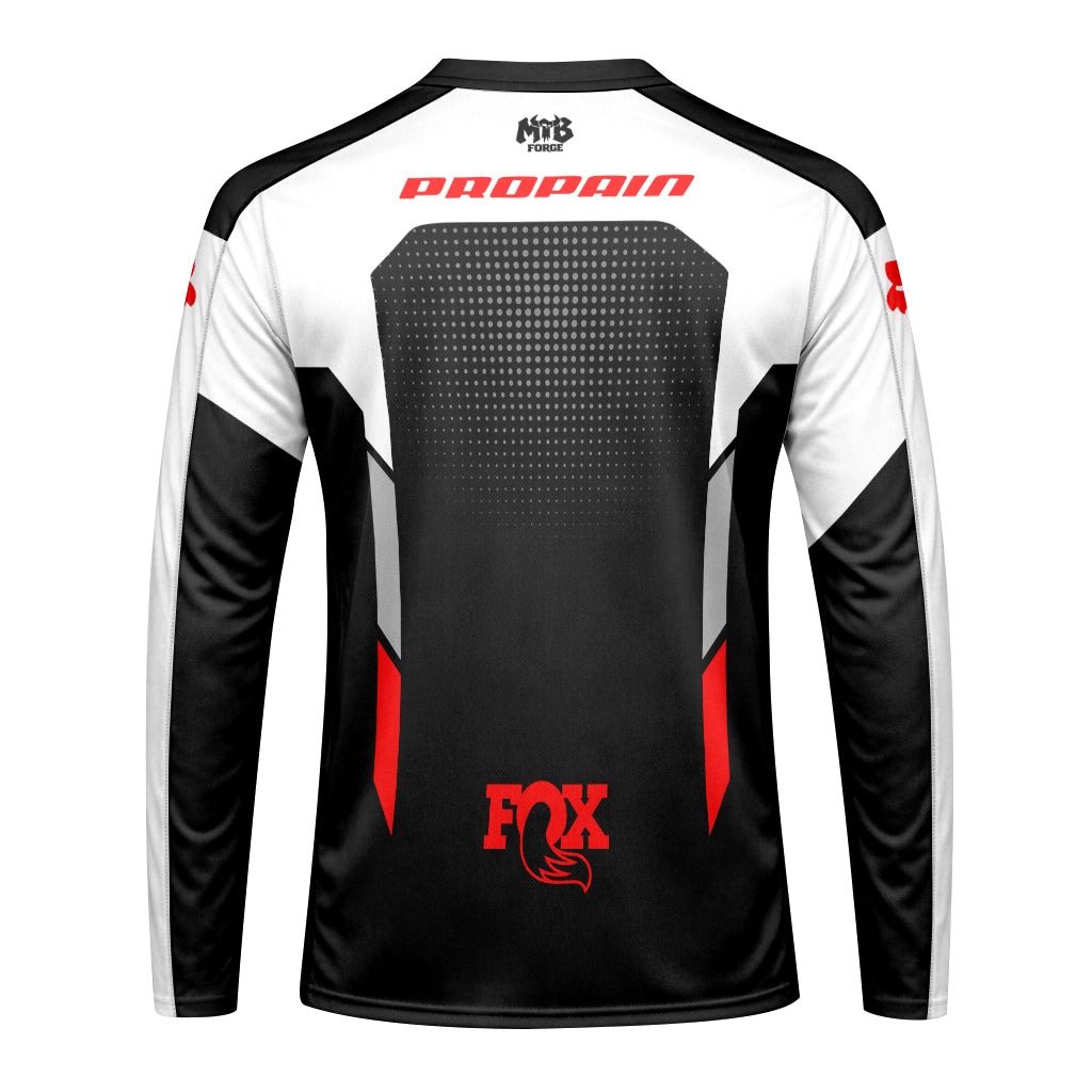 Propain Factory Racing Fox Black White Red Long Sleeve Mountain Bike Jersey - back view mockup