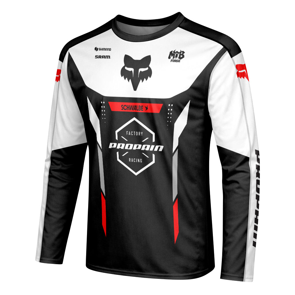 Propain Factory Racing Fox Black White Red Long Sleeve Mountain Bike Jersey - left side mockup