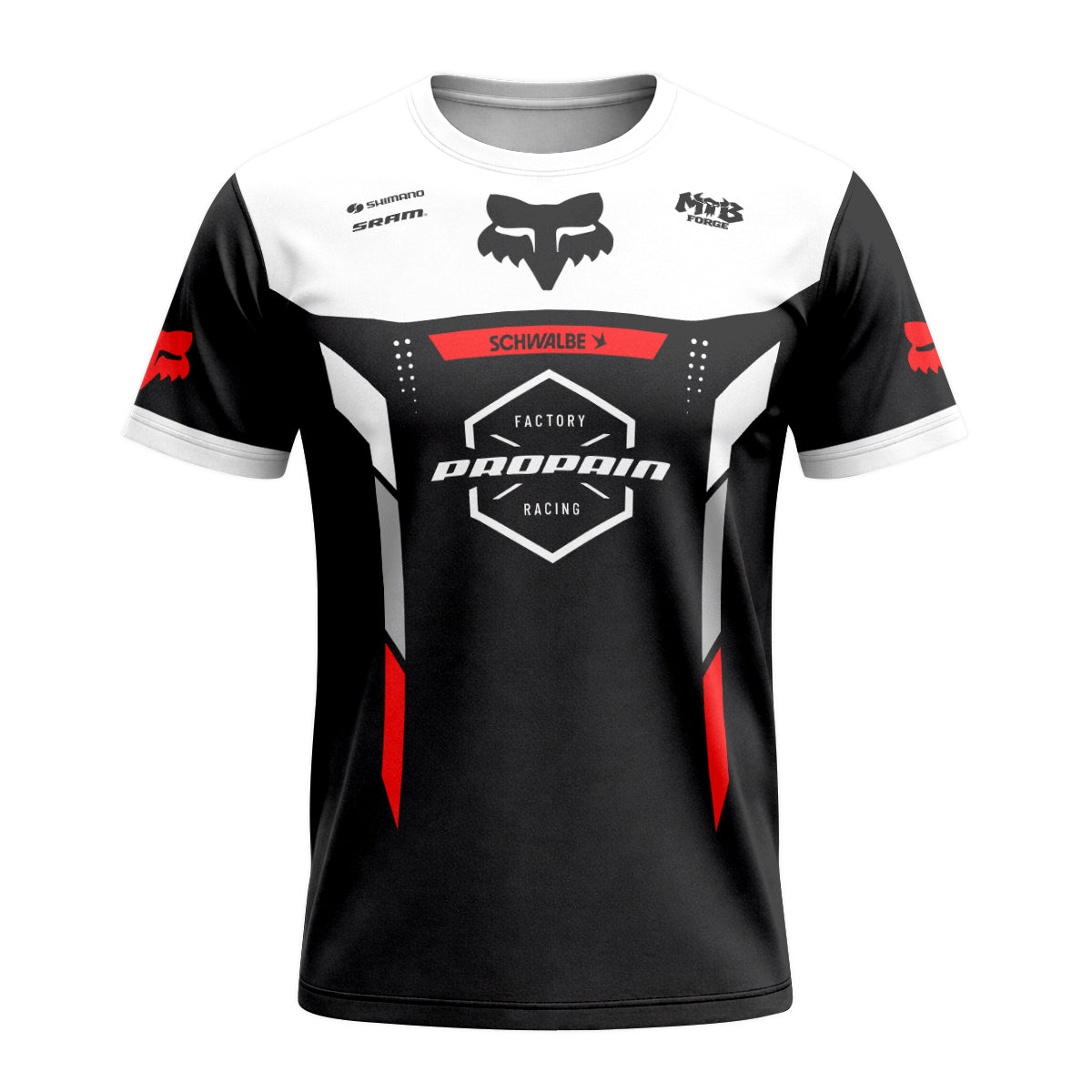 Propain Factory Racing Fox Black White Red Short Sleeve Mountain Bike Jersey - front view mockup