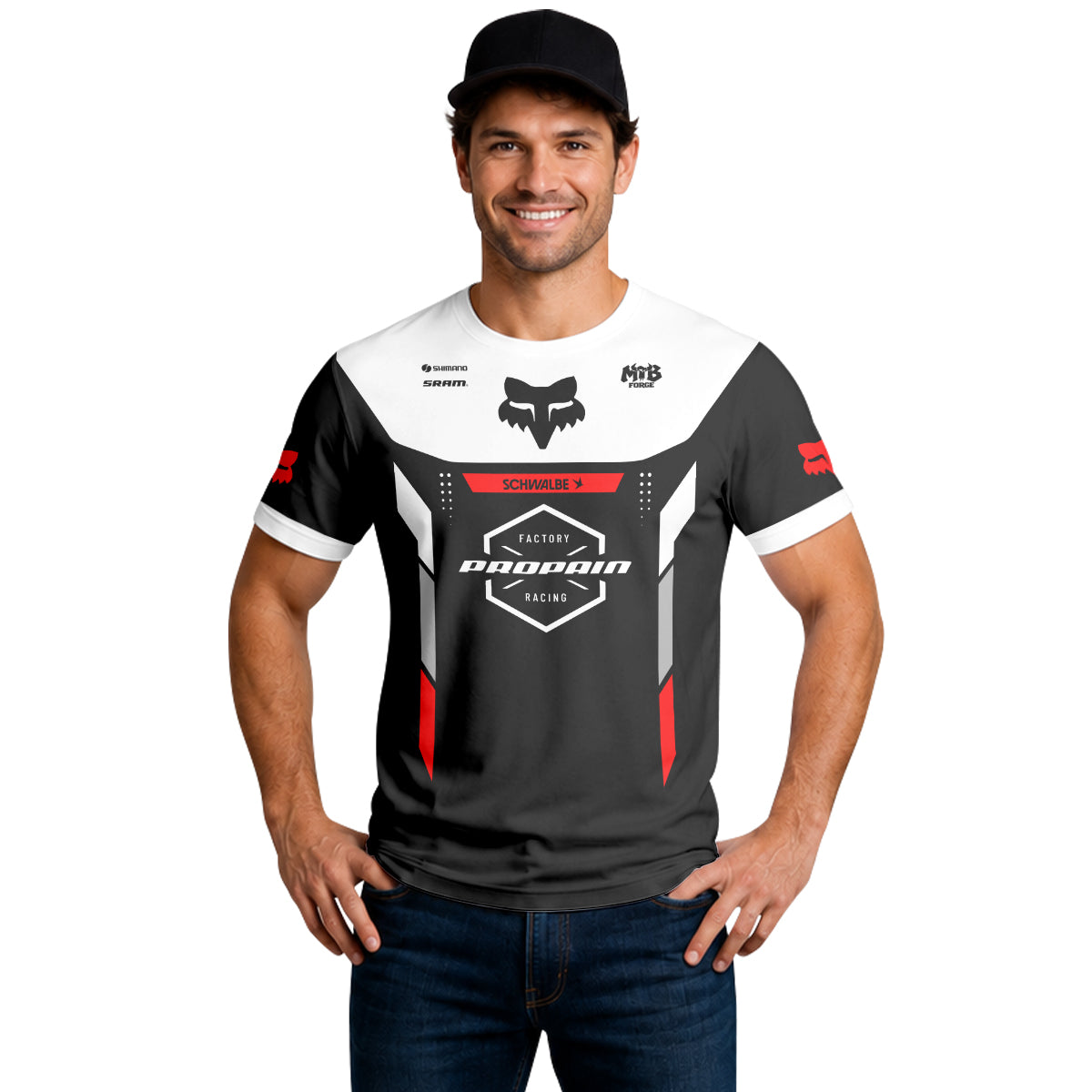 Propain Factory Racing Fox Black White Red Short Sleeve Mountain Bike Jersey - lifestyle view