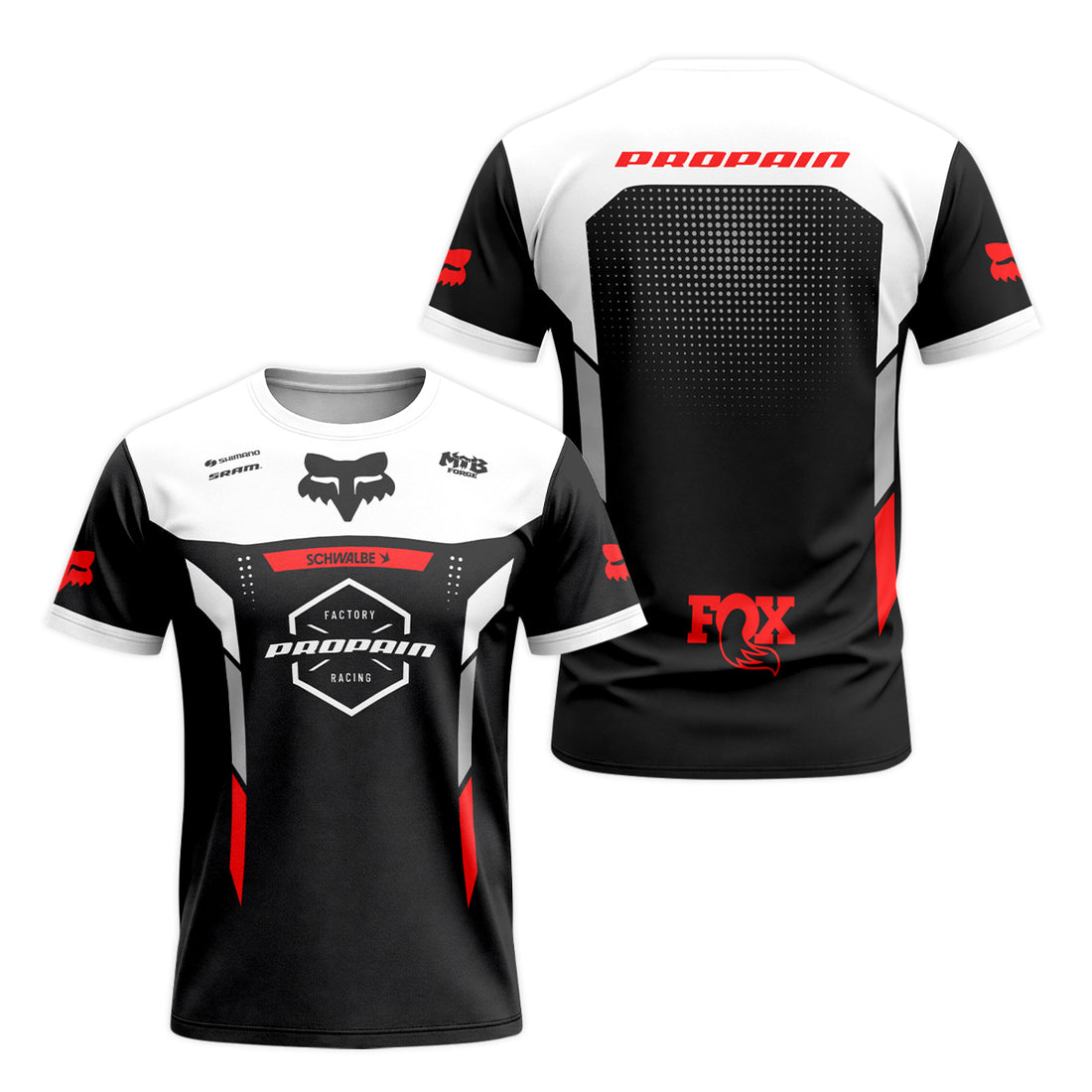 Propain Factory Racing Fox Black White Red Short Sleeve Mountain Bike Jersey - front and back view