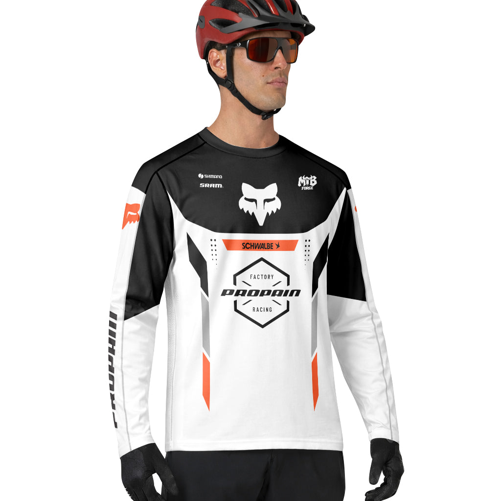 Propain Factory Racing Fox White Orange Long Sleeve Mountain Bike Jersey - lifestyle view