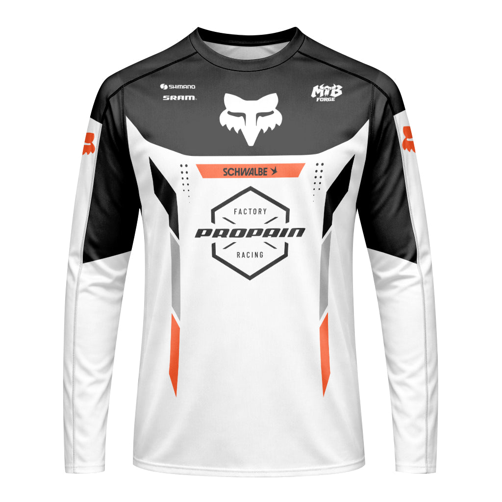 Propain Factory Racing Fox White Orange Long Sleeve Mountain Bike Jersey - front view mockup