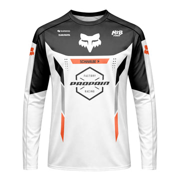 Propain Factory Racing Fox White Orange Long Sleeve Mountain Bike Jersey - front view mockup