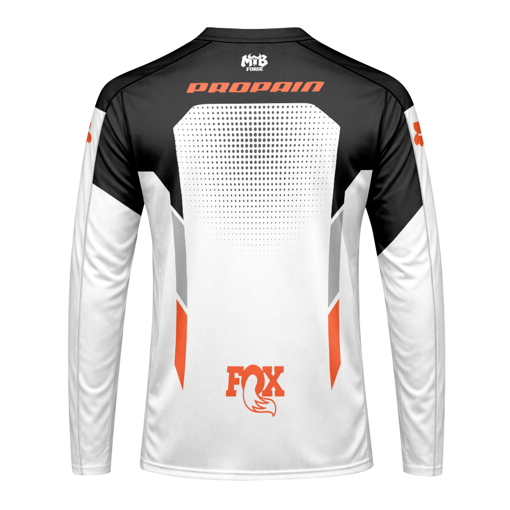 Propain Factory Racing Fox White Orange Long Sleeve Mountain Bike Jersey - back view mockup