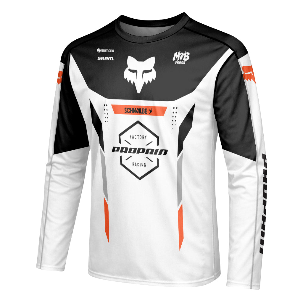 Propain Factory Racing Fox White Orange Long Sleeve Mountain Bike Jersey - left side mockup