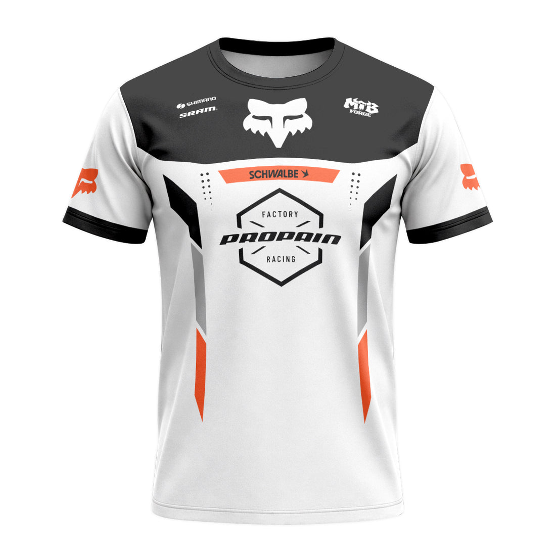 Propain Factory Racing Fox White Orange Short Sleeve Mountain Bike Jersey - front and back view