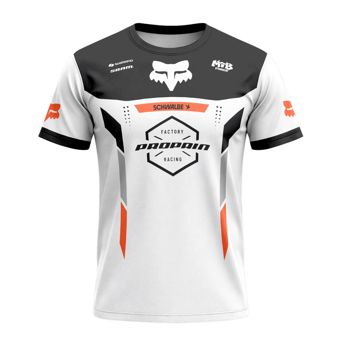 Propain Factory Racing Fox White Orange Short Sleeve Mountain Bike Jersey - front view mockup
