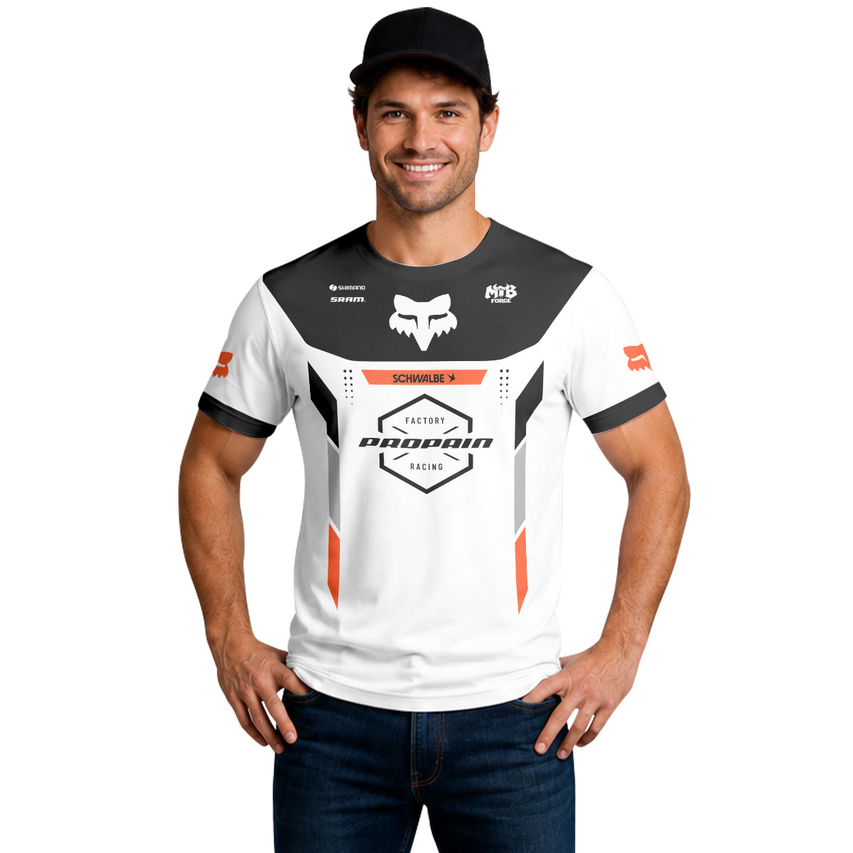 Propain Factory Racing Fox White Orange Short Sleeve Mountain Bike Jersey - lifestyle view