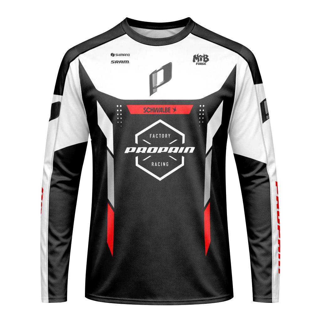 Propain Factory Racing MTB Black White Red Youth Long Sleeve Mountain Bike Jersey – Front View Mockup