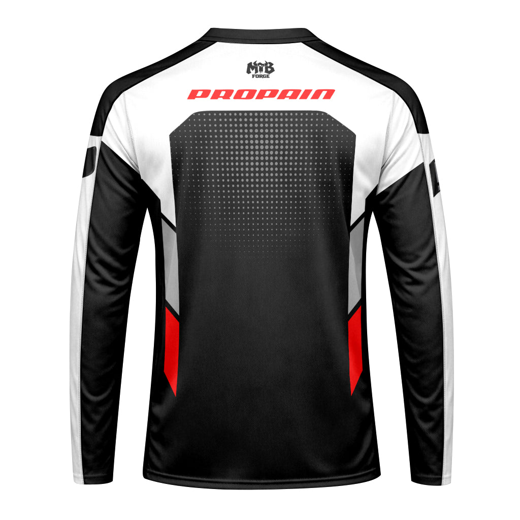 Propain Factory Racing MTB Black White Red Youth Long Sleeve Mountain Bike Jersey – Back View Mockup