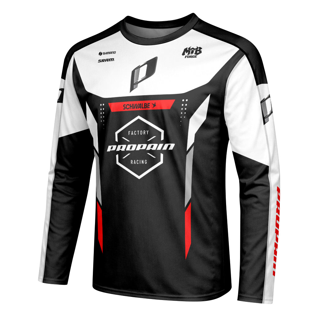 Propain Factory Racing MTB Black White Red Youth Long Sleeve Mountain Bike Jersey – Left Side View Mockup