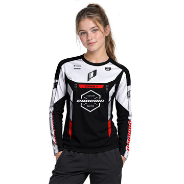 Propain Factory Racing MTB Black White Red Youth Long Sleeve Mountain Bike Jersey – Girl Lifestyle View