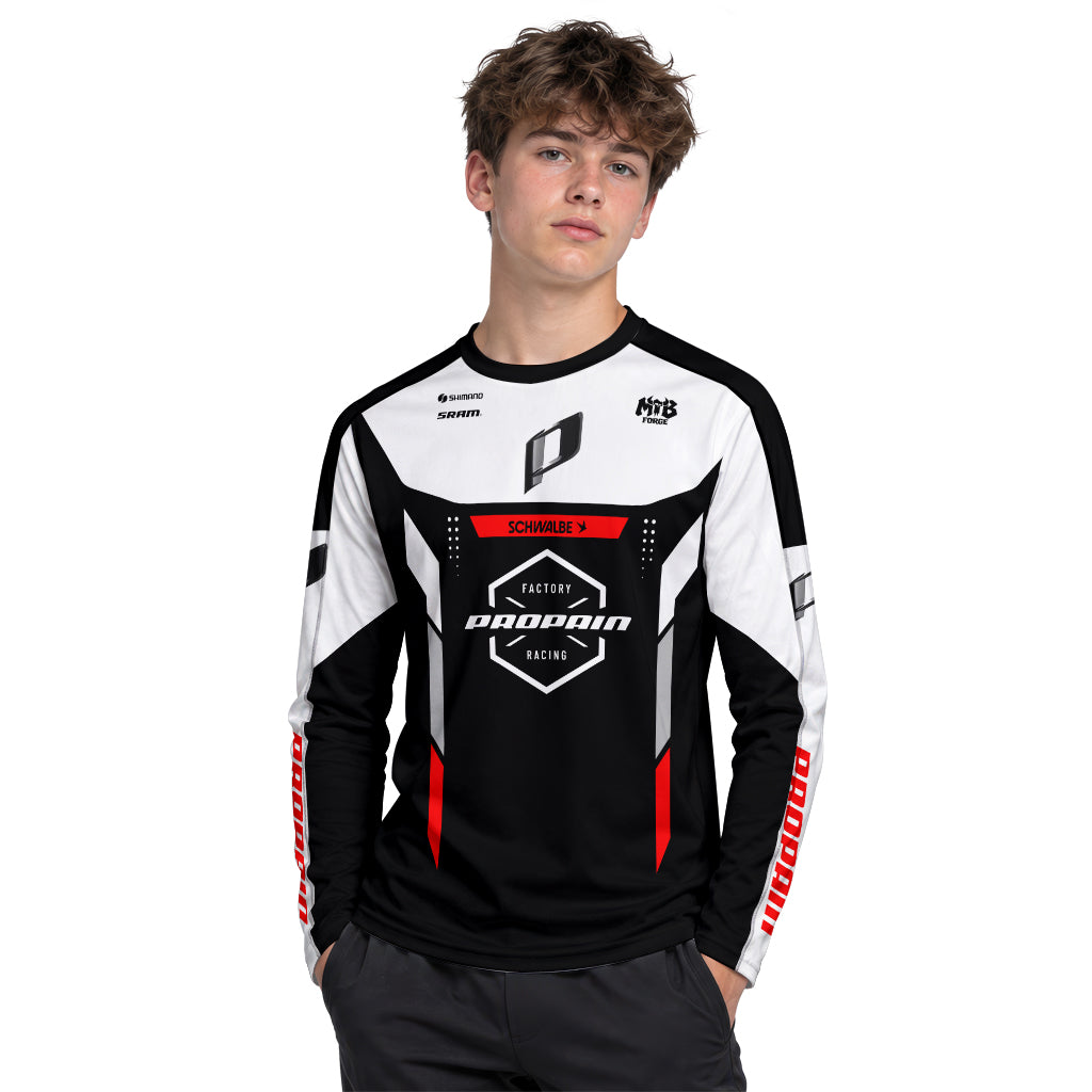 Propain Factory Racing MTB Black White Red Youth Long Sleeve Mountain Bike Jersey – Boy Lifestyle View